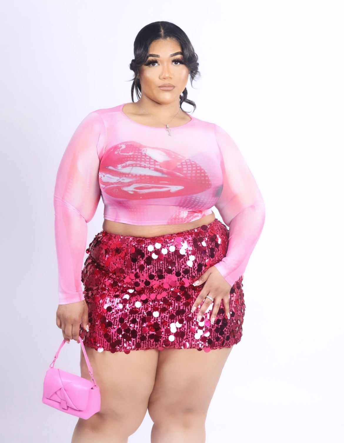 Pretty in Pink Lip & Sequin Skirt (Pink & Silver) Small-3x