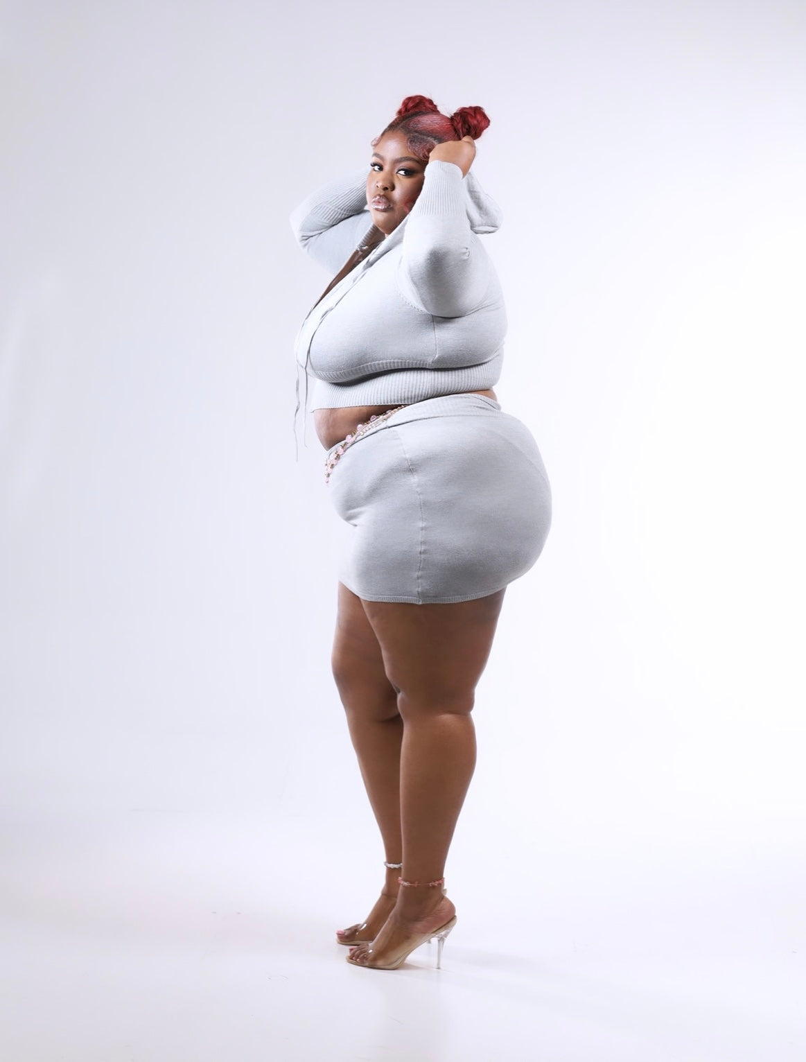 2 pc hoodie belt skirt set (Gray, Pink) Small-2x