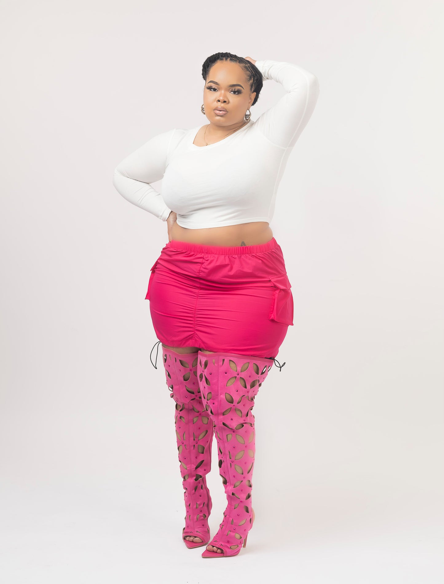 Ruched hot pink pocket skirt & hot pink knee high heels