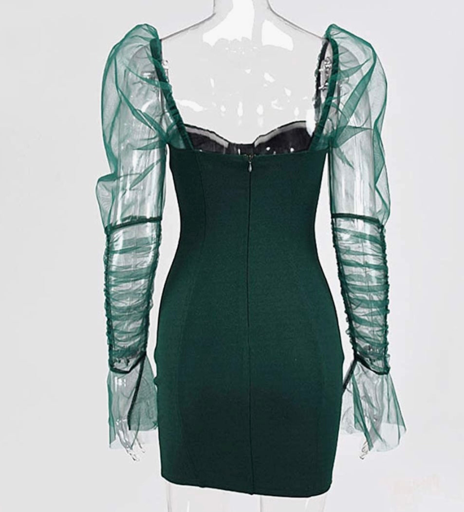 Sheer puff sleeve dress (Green, Black and Pink) Small-2x