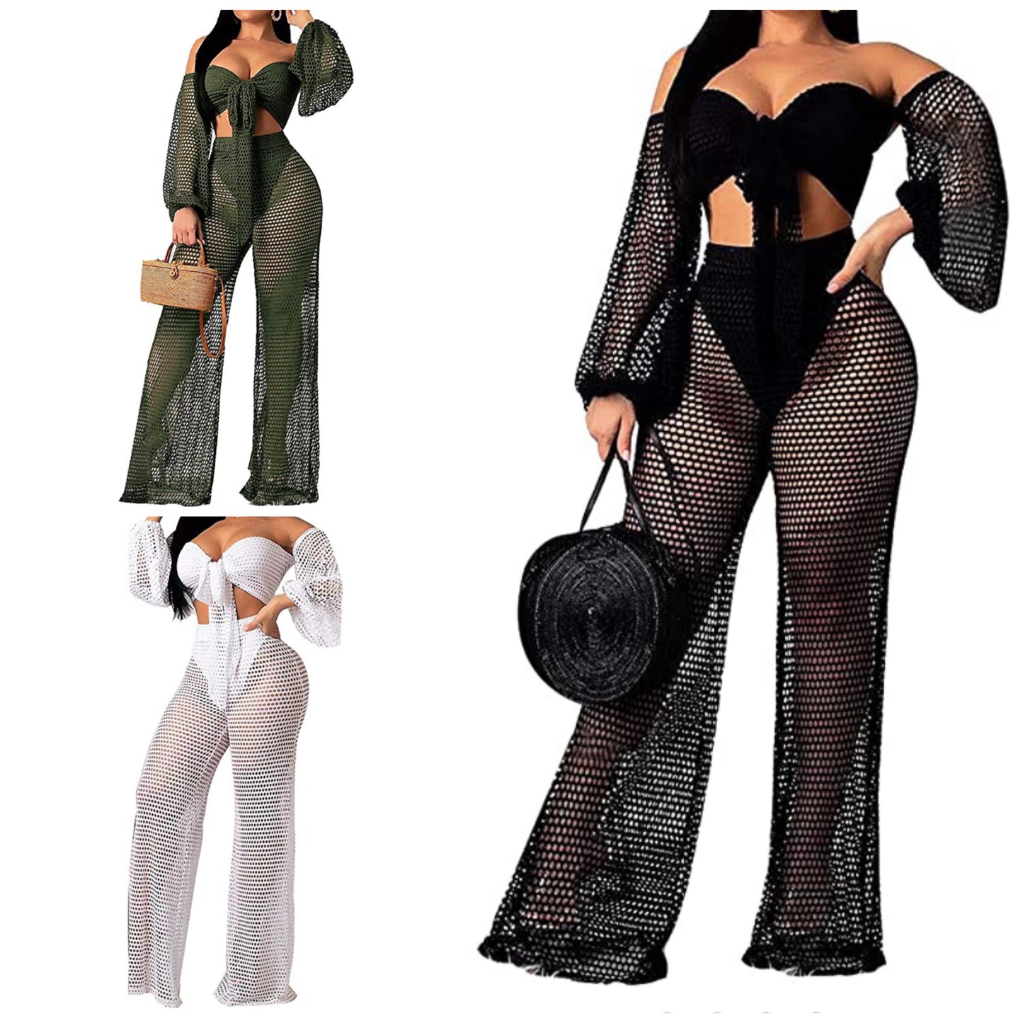 Tie up knit off shoulder set (Black, White and Olive). Small-2x