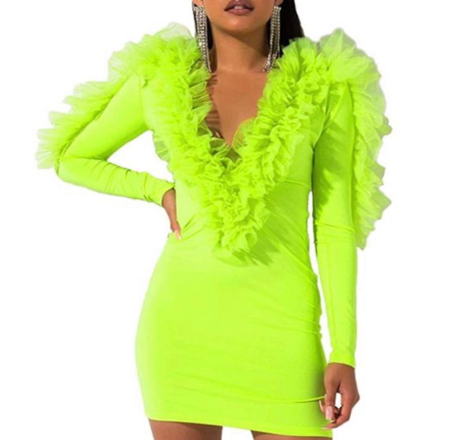 Ruffle dress Wine, Neon and Black Small-2x