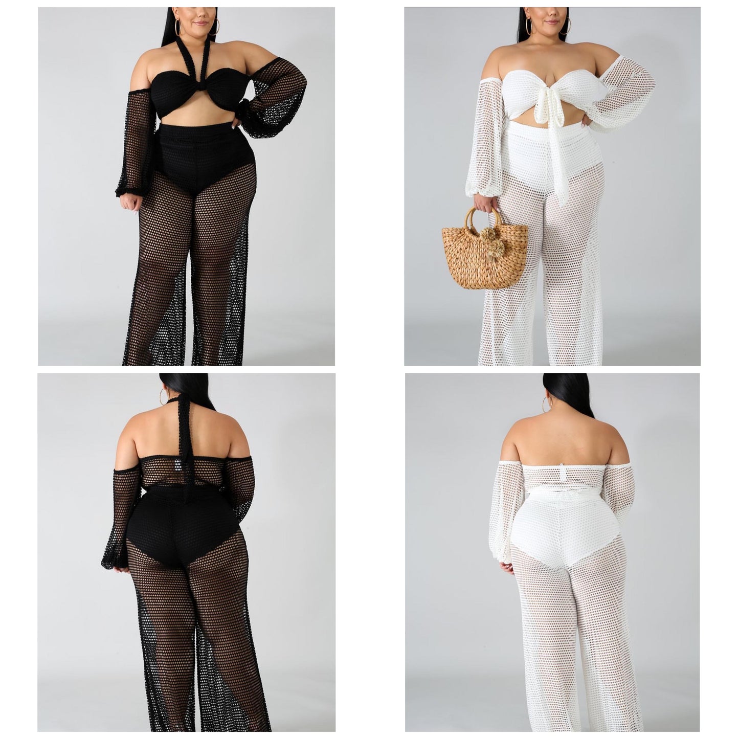 Tie up knit off shoulder set (Black, White and Olive). Small-2x