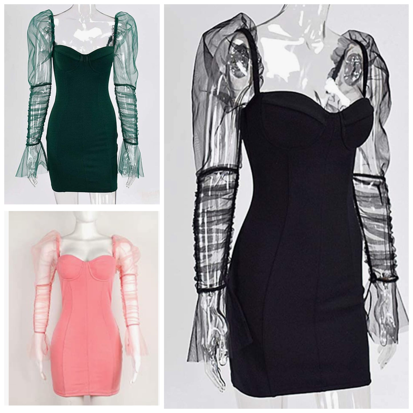 Sheer puff sleeve dress (Green, Black and Pink) Small-2x