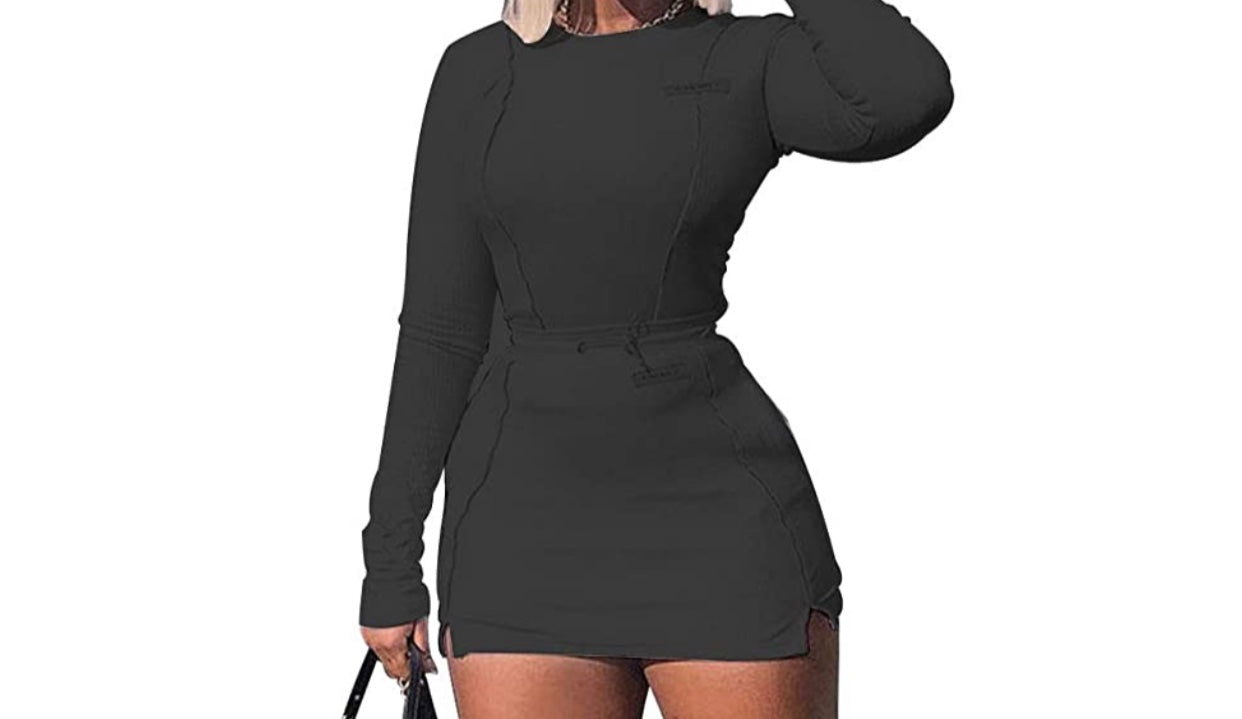 Hit the runway 2 pc skirt set (Small-XL) Black, White and Orange