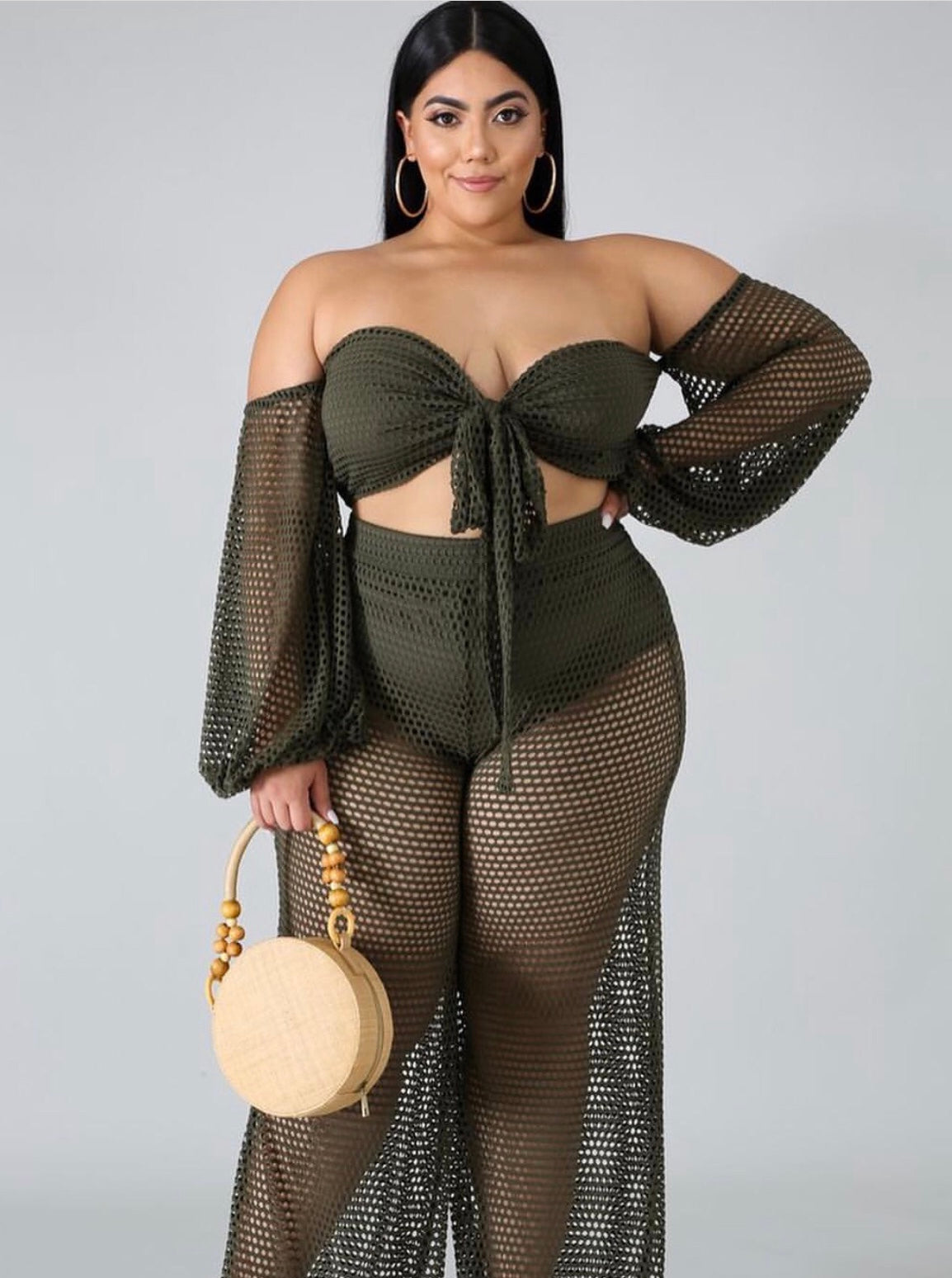Tie up knit off shoulder set (Black, White and Olive). Small-2x