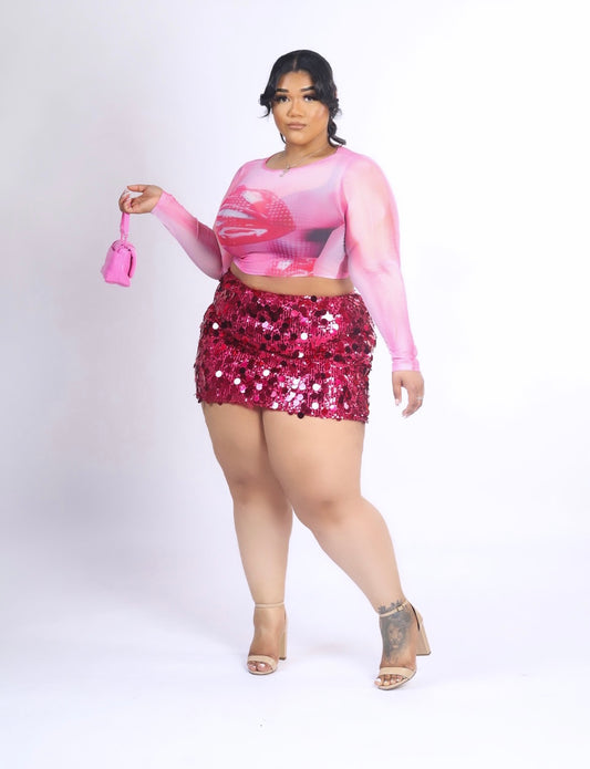 Pretty in Pink Lip & Sequin Skirt (Pink & Silver) Small-3x