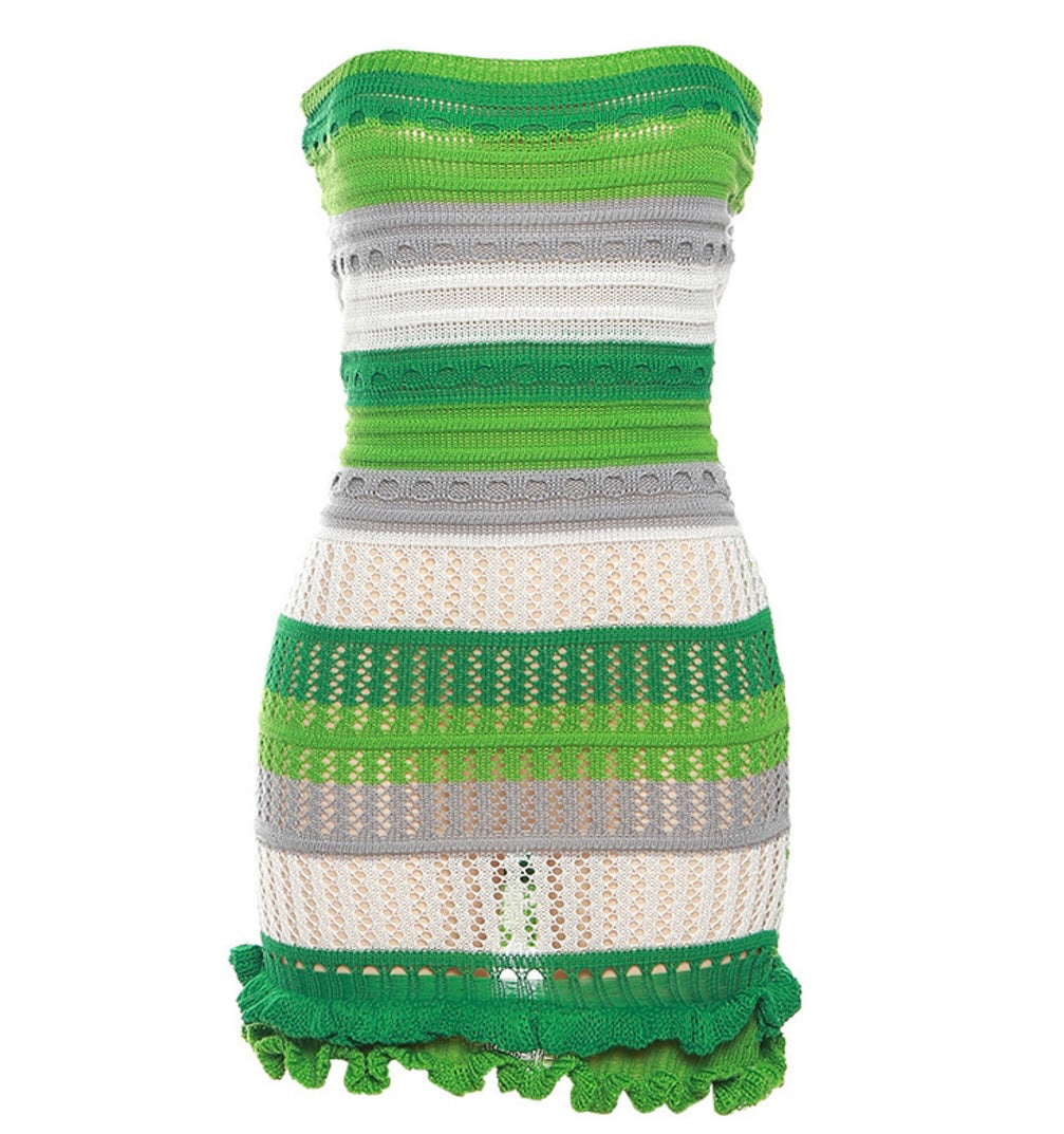 Ruffle crochet dress (Brown, Blue, Orange and Green), Feather Purse(White, Pink and Blue) and Feather earrings.