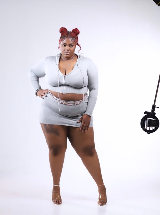 2 pc hoodie belt skirt set (Gray, Pink) Small-2x