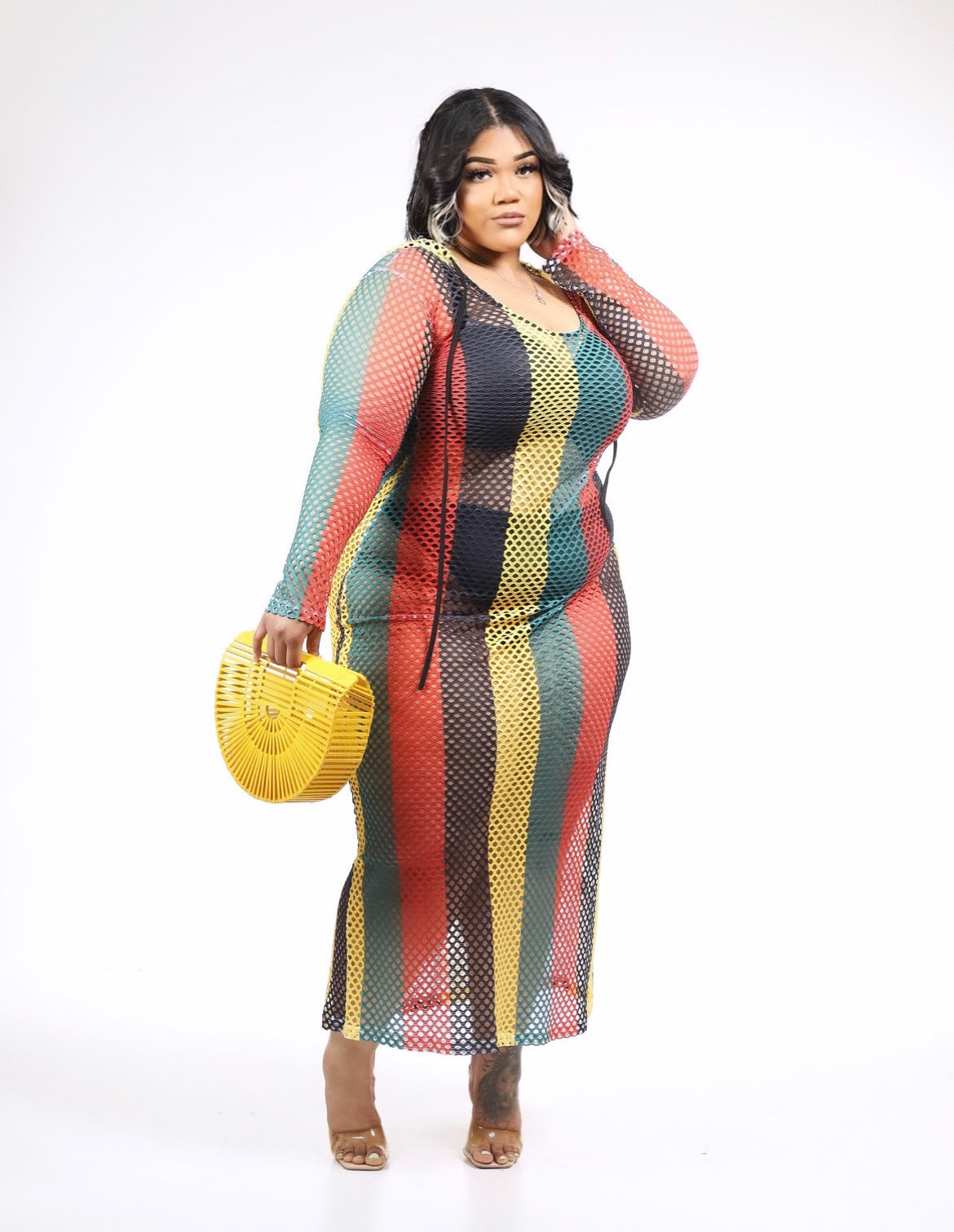 Jamaica hoodie dress & yellow wooden purse