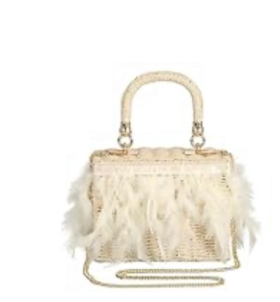 Ruffle crochet dress (Brown, Blue, Orange and Green), Feather Purse(White, Pink and Blue) and Feather earrings.