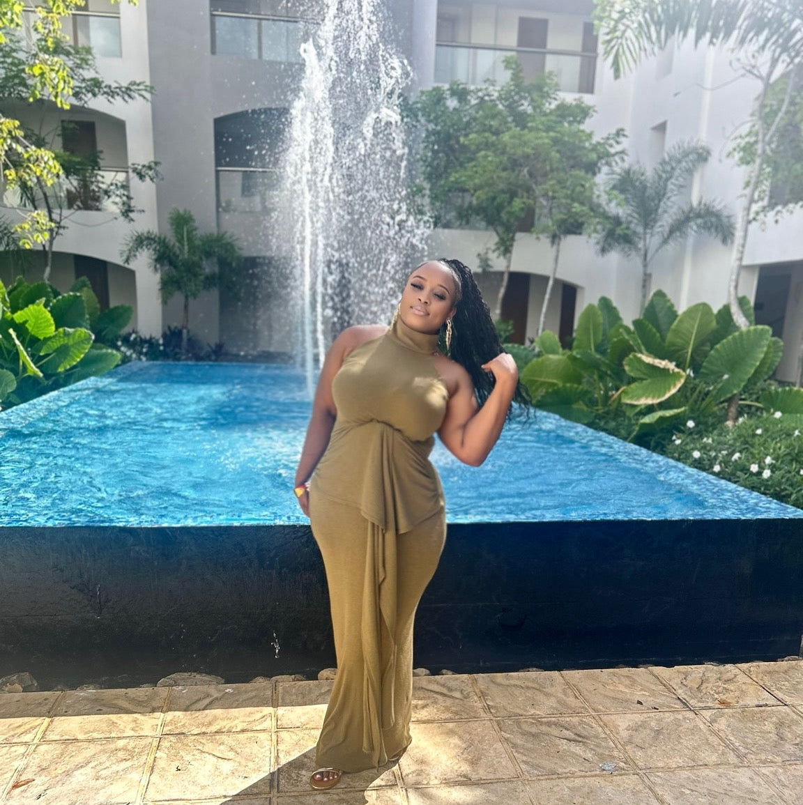 Mock neck tie dress (Olive, Brown and Cream)