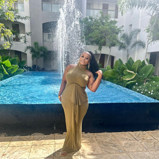 Mock neck tie dress (Olive, Brown and Cream)