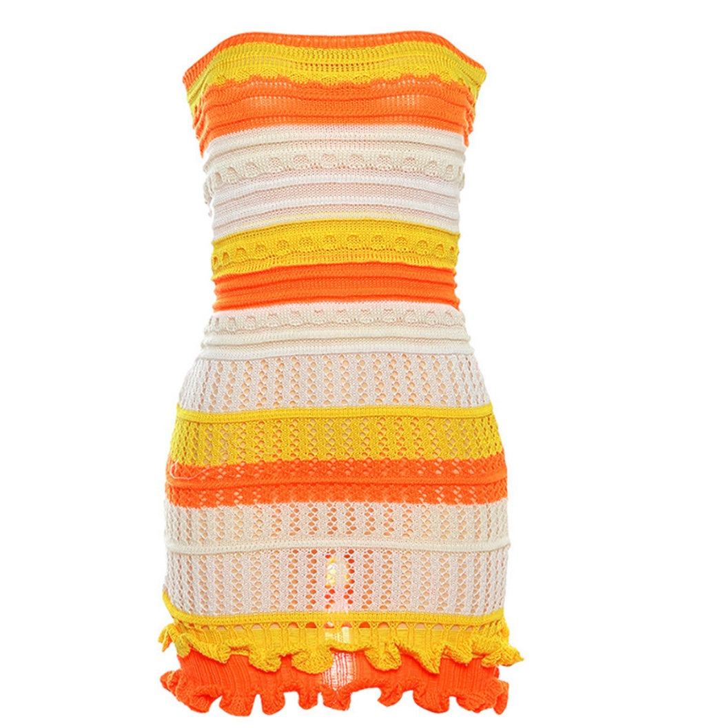 Ruffle crochet dress (Brown, Blue, Orange and Green), Feather Purse(White, Pink and Blue) and Feather earrings.