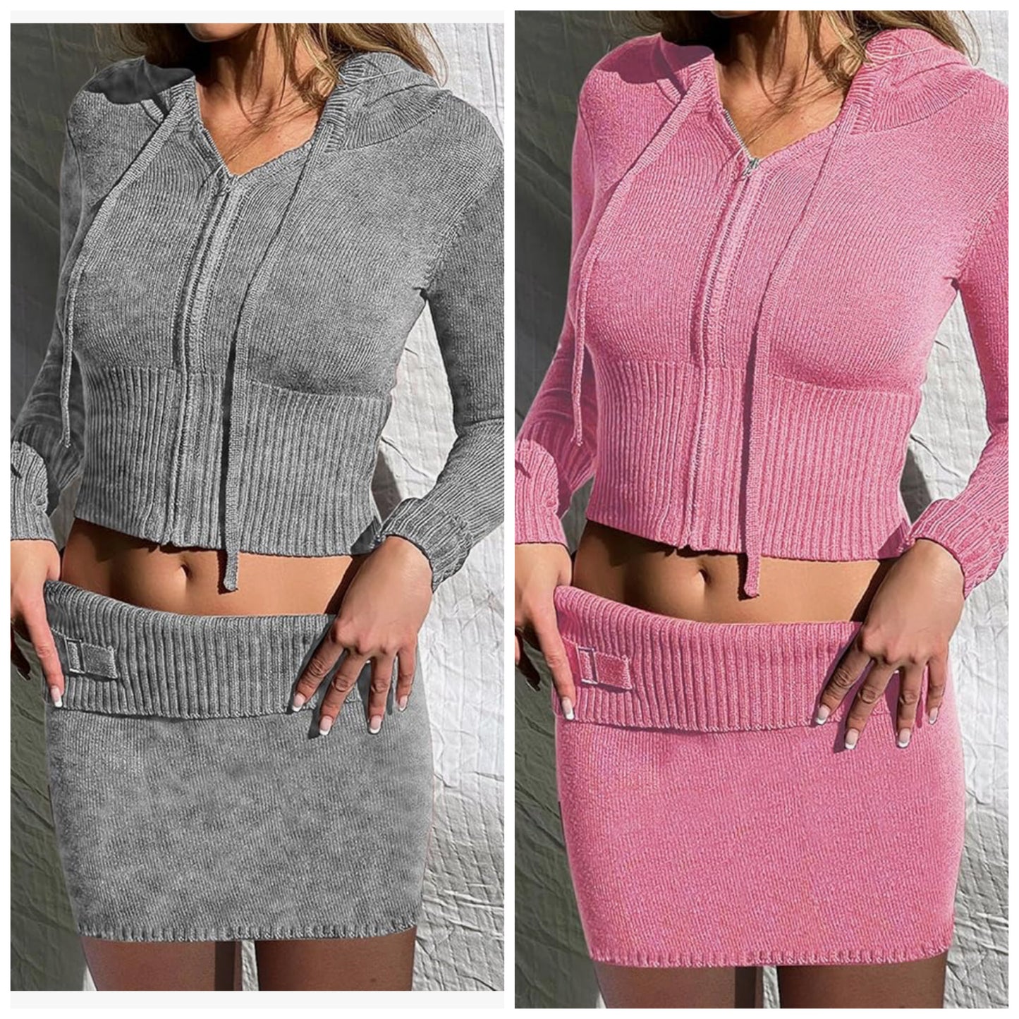 2 pc hoodie belt skirt set (Gray, Pink) Small-2x
