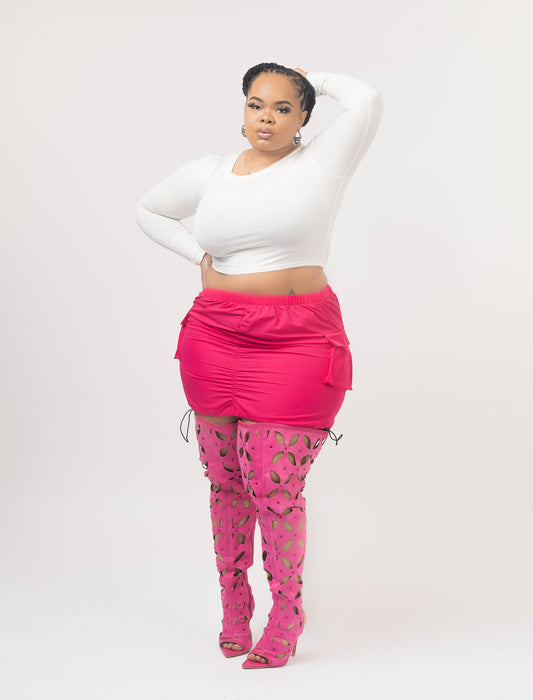 Ruched hot pink pocket skirt & hot pink knee high heels