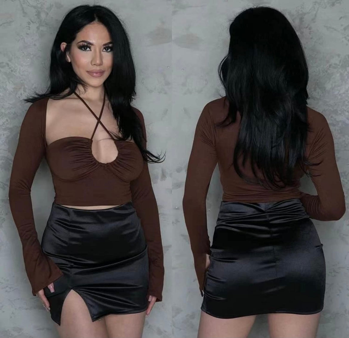 Halter long sleeve top (Brown and Nude) Small-2x