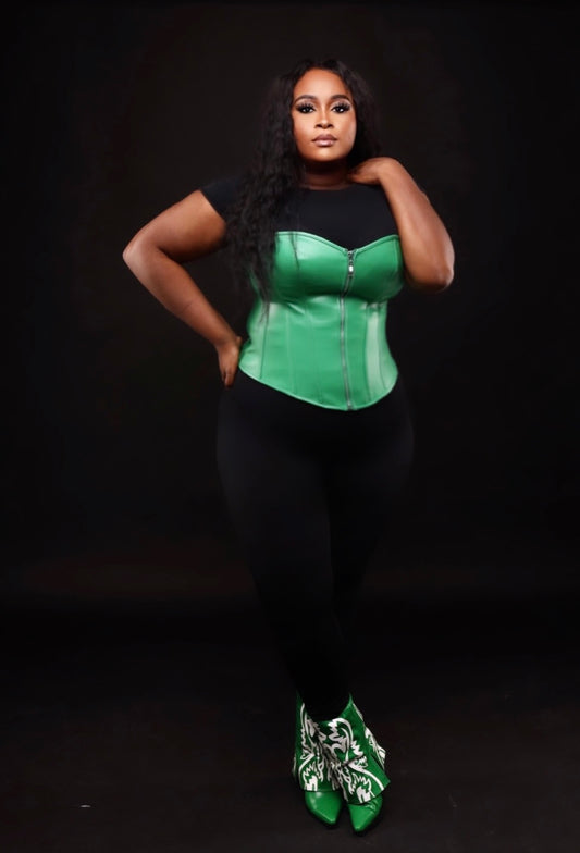 Money green leather Jacket, Corset(Small-3x) & boots (6-11)