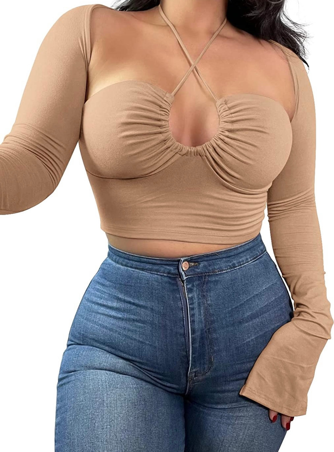 Halter long sleeve top (Brown and Nude) Small-2x