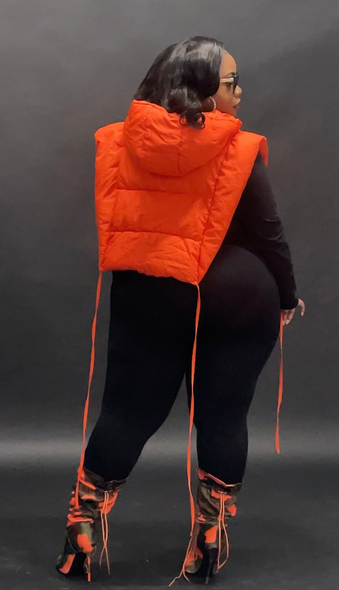Puffer Hoodie  Vest (Orange, Black,Creme and Hot pink)& Camo Orange Boots