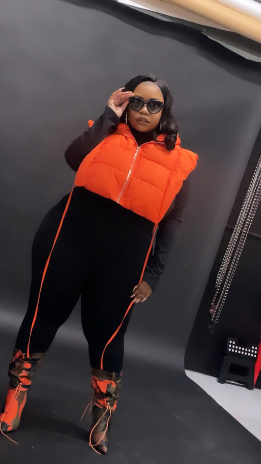 Puffer Hoodie  Vest (Orange, Black,Creme and Hot pink)& Camo Orange Boots